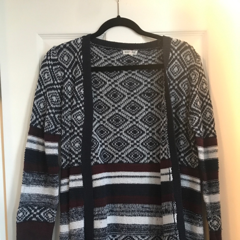 blue white a maroon cardigan